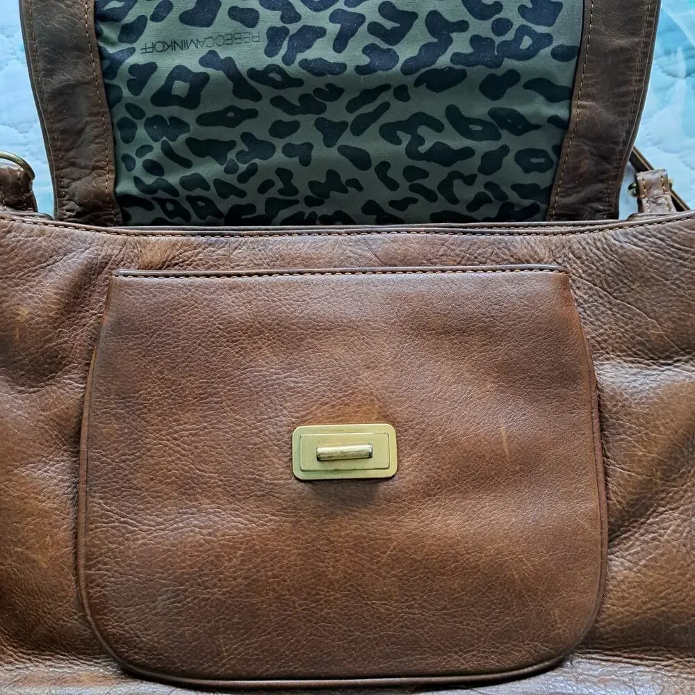 Rebecca Minkoff Covet Satchel Bag Brown Glazed Leather Turnlock Leopard Hobo